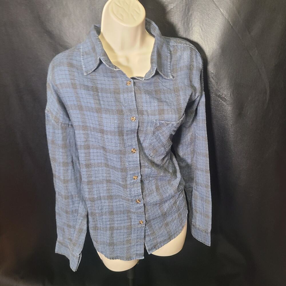 Andy Melville blue black plaid denim button-down shirt one size